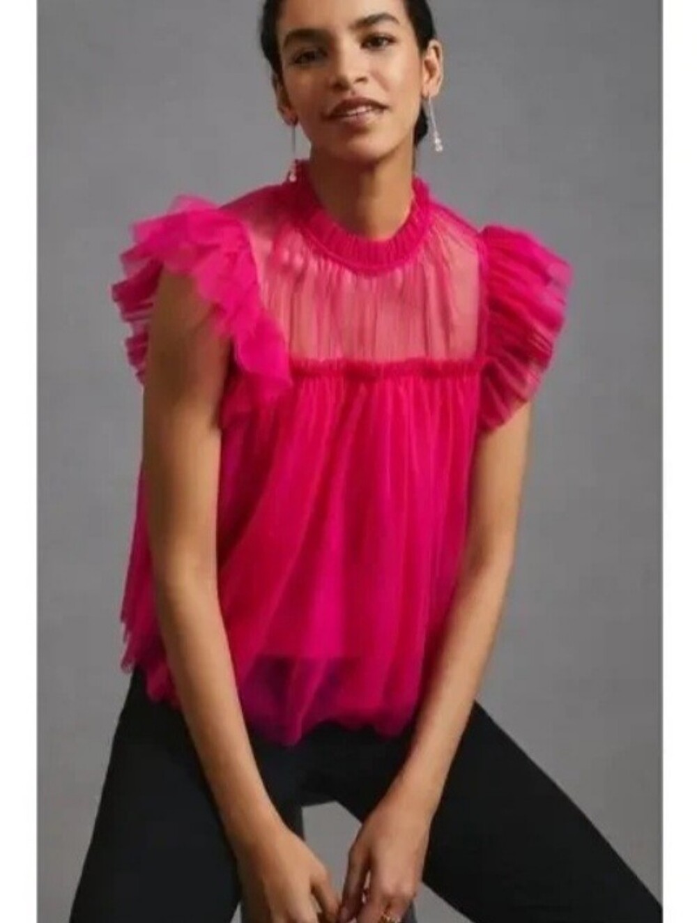 Anthropologie Sunday in Brooklynn Tulle Ruffle Blouse Hot Pink Mesh Size Medium